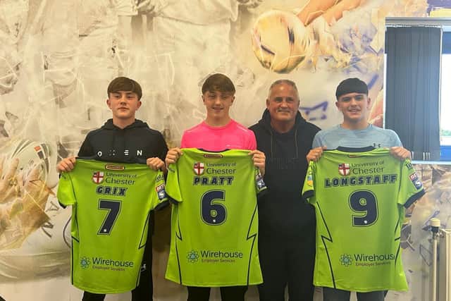 New Warrington scholarship recruits Caleb Grix, Harry Pratt and Ben Longstaff with the club's Yorkshire scout Tommy Gleeson. Picture by Jason Longstaff.