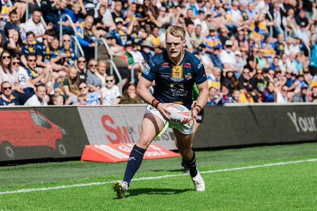 James McDonnell scores his second try in Leeds Rhinos' big win against Bradford Bulls. Picture by Alex Whitehead/SWpix.com.