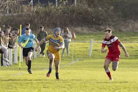Tyler Dargan makes a break for Hunslet ARLFC in their second round win at Fryston Warriors. Picture by John Victor.