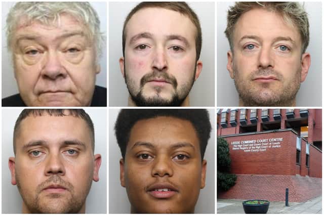 All jailed this week.....(top from left to right) Maundrill , Baskerville and Lloyd and (bottom left to right) Edeson, Hamid and Leeds Crown Court.