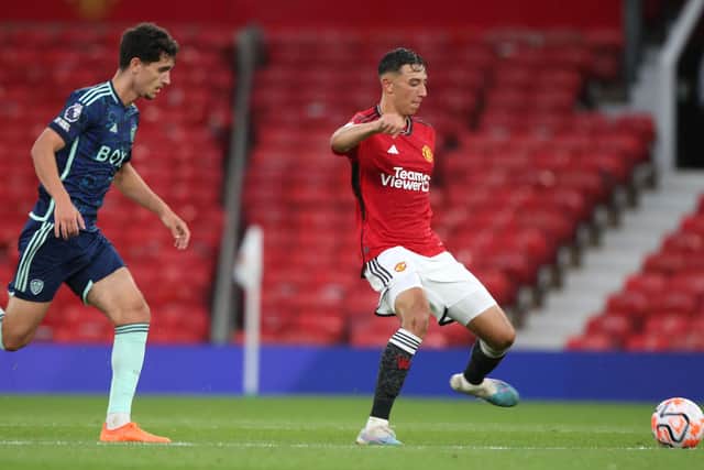 WHITES RETURN: For 19-year-old Leeds United forward Sonny Perkins, left, pictured in Friday night's 2-1 win against Manchester United's under-21s for the Whites under-21s at Old Trafford. Photo by John Peters/Manchester United via Getty Images.