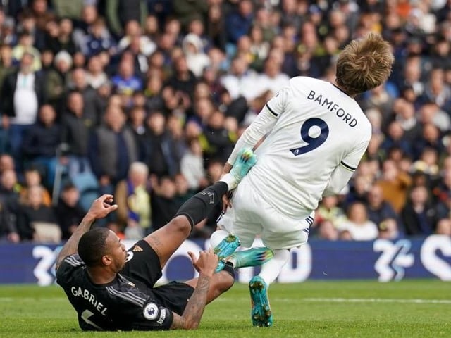 Arsenal's Gabriel Magalhaes kicks out at Patrick Bamford inside the penalty area. Penalty initially awarded and Gabriel shown a red card, both of which were overturned by VAR as Bamford deemed to have fouled the Brazilian in the build-up to their altercation. (Tim Goode | Credit: PA)