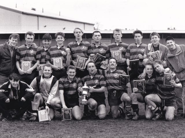 Third Division giant-killers Woodman Churwell are pictured with their awards after overcoming First Division Gardeners Arms 2-1 in extra-time in the final of the Leeds Combination League's Arthur Luty Cup at Farsley Celtic's Throstle Nest ground in April 1993.