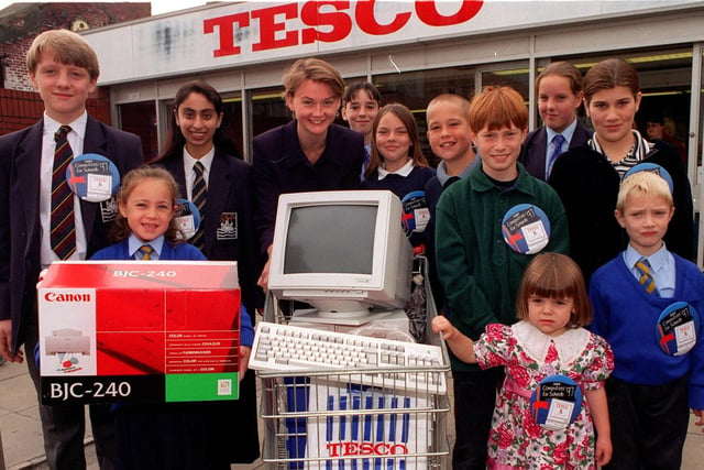 Schoolchildren left Tesco's store in Pontefract with computers  and equipment instead of groceries after they were presented by local  MP Yvette Cooper in September 1997.