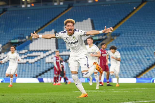 Mateo Joseph scores his 17th goal of the season during Leeds' PL2 play-off semi-final win over Aston Villa (Pic: Leeds United)