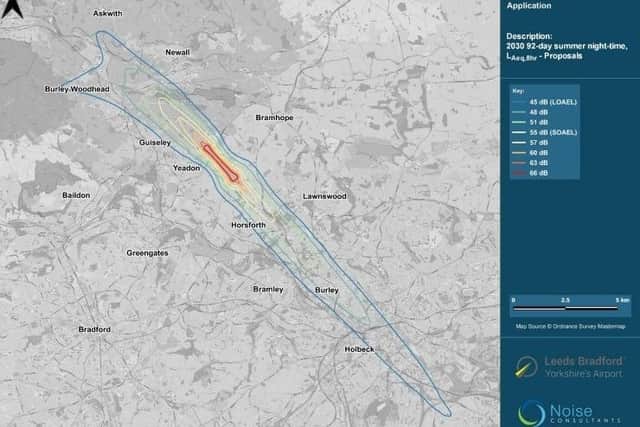 A map has been published by Leeds Bradford Airport showing locations due to be affected by flight noise. 750 properties expected to experience average decibel levels above 55db could qualify for grants of up to £5,500 for air conditioning, double glazing and loft insulation.