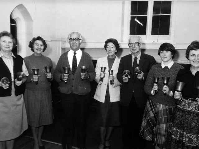 The Thorner Hand Bell Ringers pictured in October 1982. From left are Jean Handley, Sheila Westerman, George Hartley, Meg Falls, Joe Wright, Carol Clarkson and Christine Atkinson. Missing from picture is Eva Parker, the eighth member.