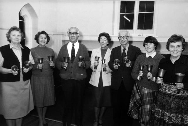 The Thorner Hand Bell Ringers pictured in October 1982. From left are Jean Handley, Sheila Westerman, George Hartley, Meg Falls, Joe Wright, Carol Clarkson and Christine Atkinson.  Missing from picture is Eva Parker, the eighth member.