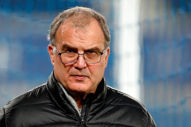 Leeds United's Argentinian head coach Marcelo Bielsa walks along the touchline ahead of the English Premier League football match between Everton and Leeds United at Goodison Park in Liverpool.