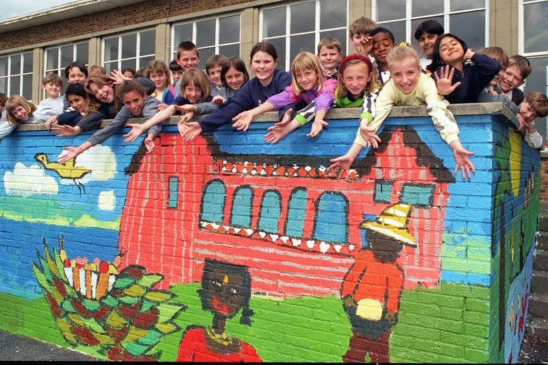 Alwoodley Primary School produced an outdoor mural with a Caribbean theme in May 1996. Around 120 pupils took part in the work under the direction of Leeds artist Alan Pergusey as part of a national curriculum project.