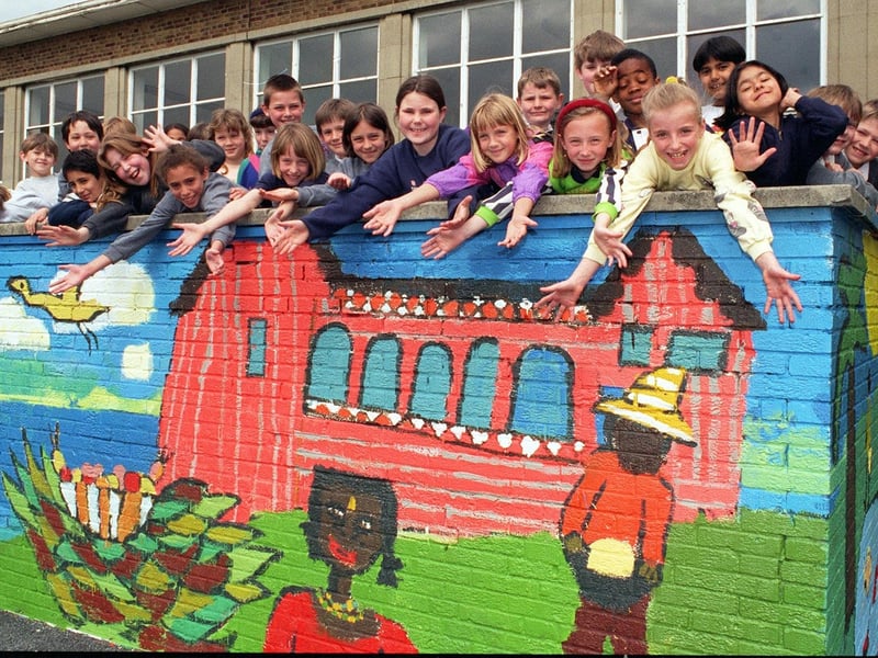 Alwoodley Primary School produced an outdoor mural with a Caribbean theme in May 1996. Around 120 pupils took part in the work under the direction of Leeds artist Alan Pergusey as part of a national curriculum project.