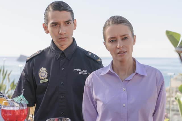 Adriana Cabrol plays Spanish police inspector Maria in the new Channel 5 drama Benidorm is Murder, alongside Jesus (Damien Schedler Cruz). (Picture: 5 Broadcasting Ltd/Clapperboard)