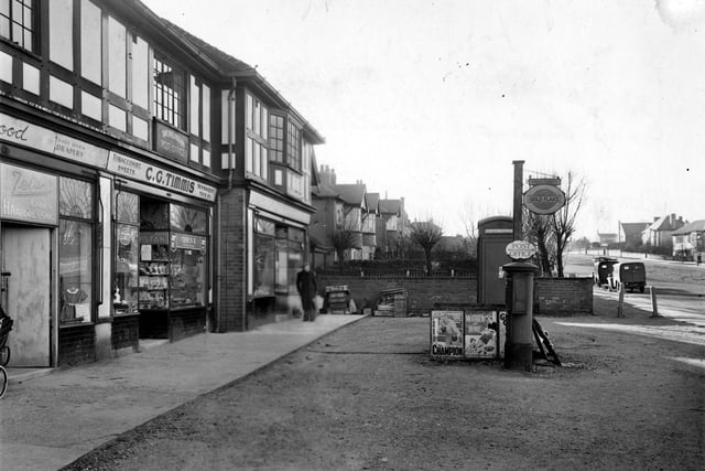 Sandhill Parade on Harrogate Road in February 1952. Shops are Zeta's hairdressers, C.G. Timmis newsagents and post office and R.Wilson and Sons, fruiterers.