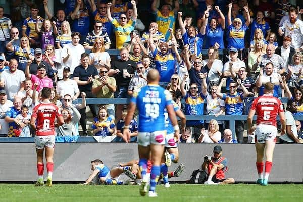 Rhinos fans celebrate Richie Myler's try in last season's home win over Salford. Picture by Matt West/SWpix.com.