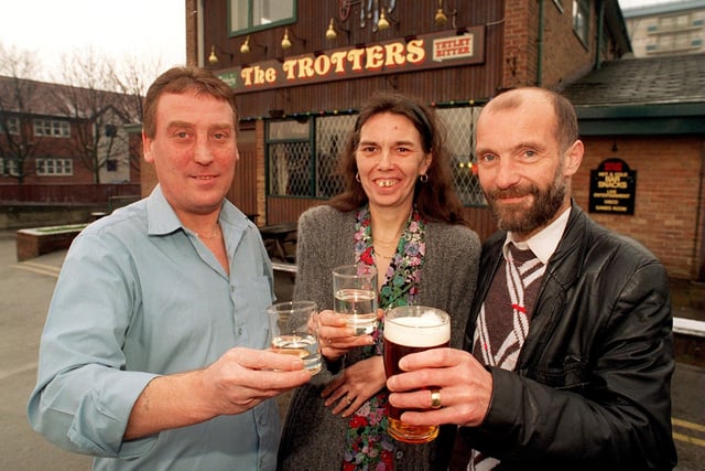 Landlords of the Trotters Pub, York Road, Leeds. Pictured left to right are Landlords Stan and Carol Furness, with partner Brian Middleton.