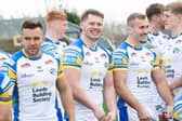 Tom Holroyd, third from left, could make his first appearance of the season when Leeds Rhinos face Catalans Drtagons on Saturday. Picture by Allan McKenzie/SWpix.com.
