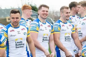 Tom Holroyd, third from left, could make his first appearance of the season when Leeds Rhinos face Catalans Drtagons on Saturday. Picture by Allan McKenzie/SWpix.com.