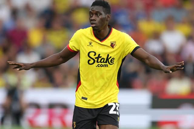 WATFORD, ENGLAND - AUGUST 01:  Ismaila Sarr of Watford during the Sky Bet Championship between Watford and Sheffield United at Vicarage Road on August 1, 2022 in Watford, United Kingdom. (Photo by Marc Atkins/Getty Images)