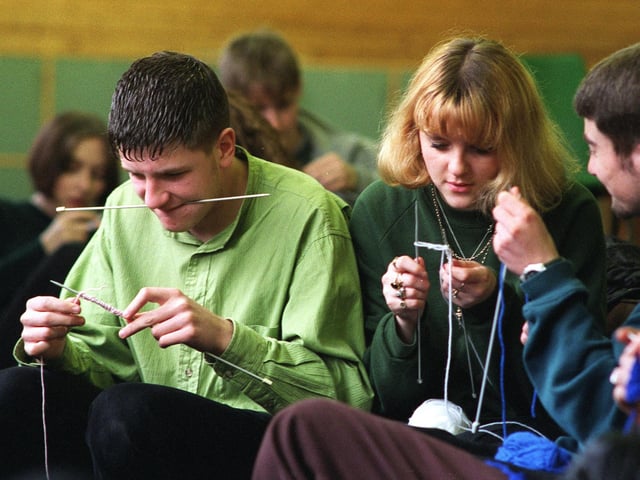 Knit one purl one. More than 100 sixth form students at Morley High took part in a sponsored knit at the school in April 1998 to raise funds for the Arthritis Research Campaign. Pictured are students James Tracey  and Deborah O'Donnell taking part.