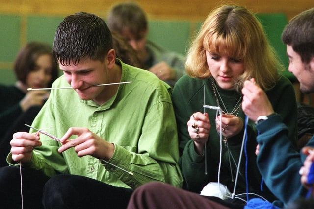 Knit one purl one. More than 100 sixth form students at Morley High took part in a sponsored knit at the school in April 1998 to raise funds for the Arthritis Research Campaign. Pictured are students James Tracey  and Deborah O'Donnell taking part.
