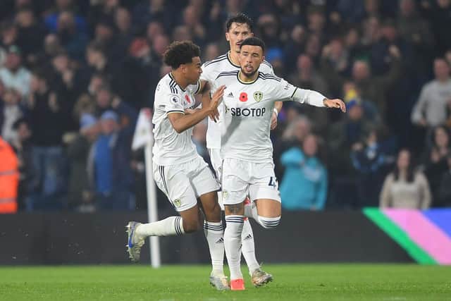 CRUCIAL ROLE: Played by Leeds United's Sam Greenwood, right, pictured with Tyler Adams, left, and Robin Koch, behind, after putting the Whites back within one goal against Bournemouth. Photo by Harriet Lander/Getty Images.