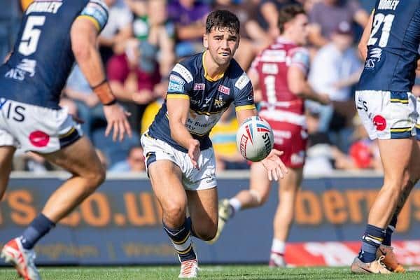 Jack Sinfield, seen in action against Wigan last week, is getting "great experience in very tough circumstances" Rhinos coach Rohan Smith says. Picture by Allan McKenzie/SWpix.com.