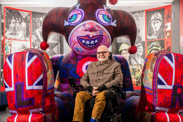 Artist Jason Wilsher-Mills MBE, next to his Inflatable sculpture Titled: Jester 2026, (Nylon, LED, Lights and Air Pump). Picture: James Hardisty.