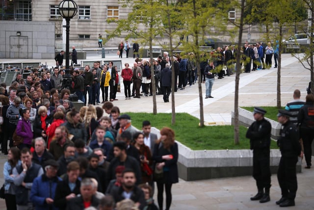 Queues formed ahead of former Labour leader Ed Miliband's speech at a campaign rally in Leeds in May 2015.
