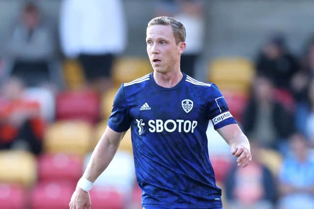 YORK, ENGLAND - JULY 07: Adam Forshaw of Leeds United on the ball during the Pre-Season Friendly between Leeds United and Blackpool at LNER Community Stadium on July 07, 2022 in York, England. (Photo by George Wood/Getty Images)