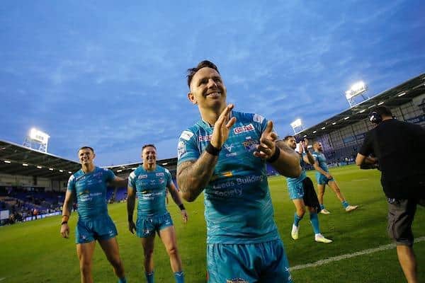 Richie Myler thanks Rhinos' fans after the win at Warrington. Picture by Ed Sykes/SWpix.com.