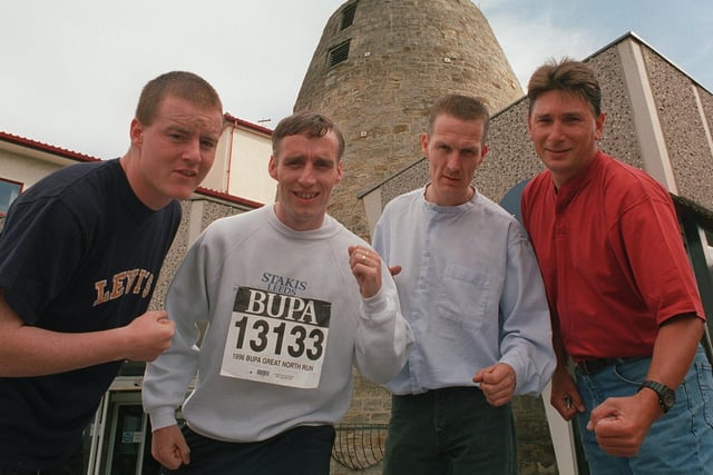 These staff at  Stakis Windmill Hotel in Seacroft were preparing to run the Leeds Half Marathon in September 1996. Pictured, from left, are Shane Ledger, Brian  Dobson, Daniel McDarby and John Frisby.