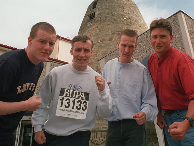 These staff at Stakis Windmill Hotel in Seacroft were preparing to run the Leeds Half Marathon in September 1996. Pictured, from left, are Shane Ledger, Brian Dobson, Daniel McDarby and John Frisby.