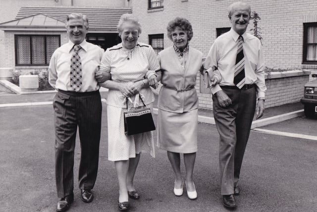 It was a chilly December day in 1982 when Lilian and Edward Walsh became the first residents of a new sheltered housing scheme in Bramley. They moved to the new flats at St Peter's Court from the Gamble Hill estate and at the official opening of the 43 flats in July 1983, Lilian said they had not regrets. "We settled in straight away. You couldn't do anything else, because everyone is so nice. Everyone is happy." The couple are pictured with neighbours Kitty Gill and James Lineham, social secretary.