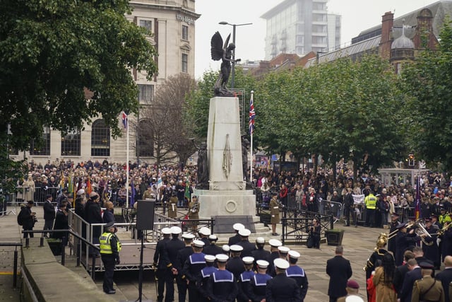The Remembrance Sunday service at Leeds War Memorial in Leeds city centre. Photo credit: Danny Lawson/PA Wire.