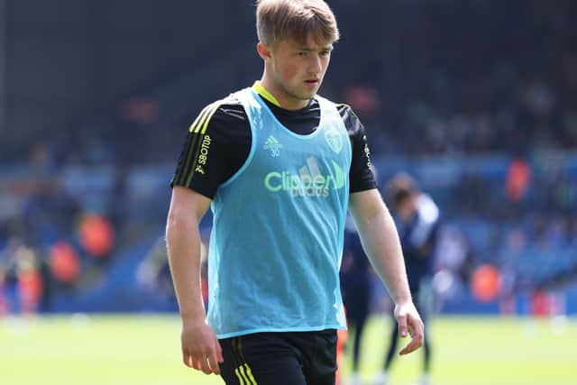 LEEDS, ENGLAND - MAY 15: Joe Gelhardt of Leeds United warms up prior to kick off of the Premier League match between Leeds United and Brighton & Hove Albion at Elland Road on May 15, 2022 in Leeds, England. (Photo by George Wood/Getty Images)
