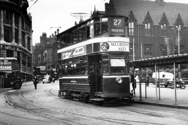 Tram no.128 on route 27 to Belle Isle by the tram stops at the bottom of Park Row in August 1953. In the background on the right is Priestley Hall, designed by George Corson and originally the school for the adjacent Mill Hill Chapel when built in 1858-9. At the time of the photo it was the offices of Ocean Accident & Guarantee Corporation Ltd. In 1968 it was sold to the Nat West Bank who demolished it and replaced it with Priestley House, which in turn was replaced by the present office block of no.1 Park Row in the late 1990s. On the left, Barclays Bank is on the ground floor of the Norwich Union/Standard Life building, now the site of no.1 City Square.