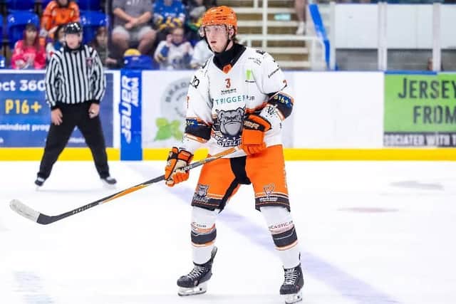 ON TARGET: Defenceman Liam Steele produce a precision finish for Sheffield Steeldogs to make it 3-2 early in the third period. Picture: Steeldogs Media.