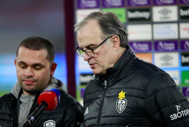 Marcelo Bielsa, manager of Leeds United is interviewed by Sky Sports prior to the Premier League match between West Ham United and Leeds United at London Stadium on March 8, 2021.
