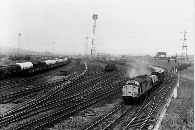 Horbury Bridge at Ossett in March 1982. A railway wagon loaded with a nuclear fuel container jumped the tracks at Healey Mills Marshalling Yard.