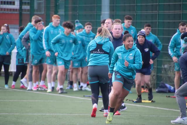 Players from all Rhinos' running teams - full-time, academy, women's and physical disability - took part in a joint pre-season training session. Picture by Leeds Rhinos.