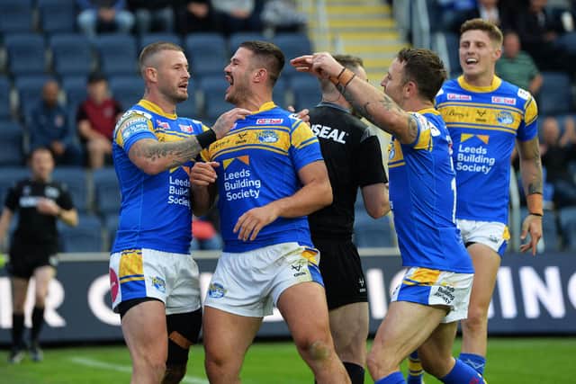 James Bentley celebrates after touching down in the win over Wigan.  Picture by Jonathan Gawthorpe.