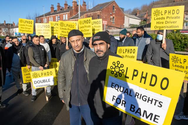 Private hire drivers in Leeds taking part in a protest earlier this year. Picture: Bruce Rollinson
