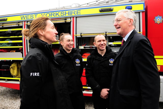 Hilary Benn MP Leeds Central with firefighters from Hunslet, Nicola Marr, crew commander, and firefighters Kat Moreton and Matt Lackey. (pic by Steve Riding)
