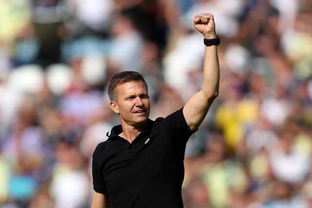 LEEDS, ENGLAND - AUGUST 21: Jesse Marsch, Manager of Leeds United, celebrates after the final whistle of the Premier League match between Leeds United and Chelsea FC at Elland Road on August 21, 2022 in Leeds, England. (Photo by Catherine Ivill/Getty Images)