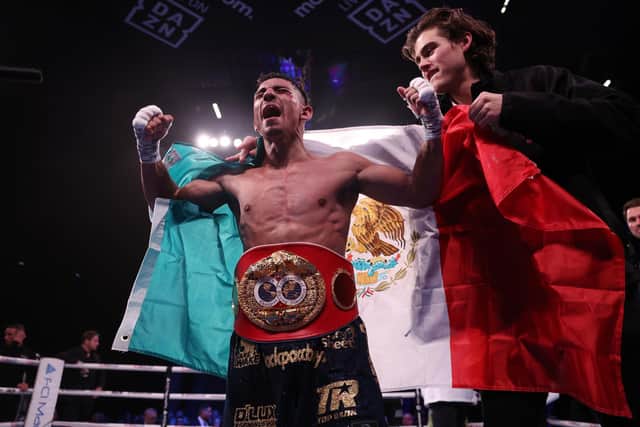 Luis Alberto Lopez celebrates after being crowned IBF featherweight champion. Picture: Mark Robinson/Matchroom Boxing.