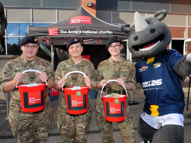 Members of the Yorkshire (North and West) C Company Army Cadet Force, who were collecting for the Army Benevolent Fund, Cpl Geldart, Cpl Brown and L/Cpl Riley, helped out by Ronnie Rhino.