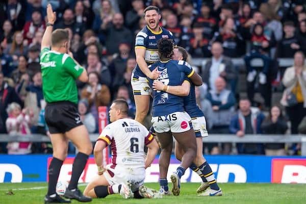 James Bentley, Justin Sangare and Cameron Smith celebrate after the latter's try against Huddersfield in April. Picture by Allan McKenzie/SWpix.com.