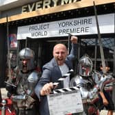 Crusading film-maker Sid Sadowskyj with knights in armour from Histrionics at the world premiere of Project Yorkshire at Everyman Leeds. Photo by Gerard Binks