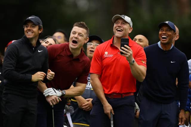 Mike Tindall, second from right, pictured with (L-R) golfer Rory McIlroy, former rugby player Brian O'Driscoll and golfer Tiger Woods. (Pic: Getty Images)