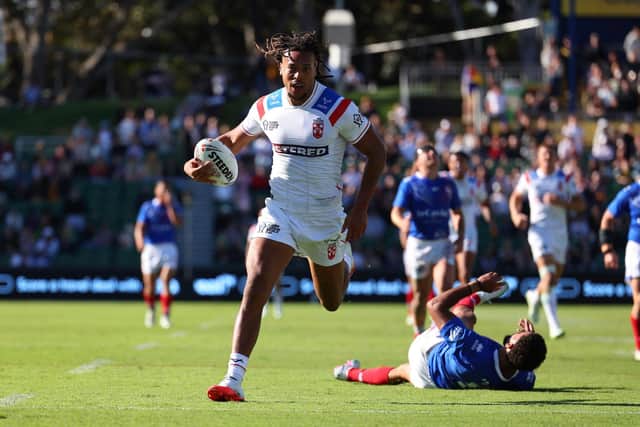 Dewsbury-born Dom Young races clear to score for England against France. Picture by Peter Keleman/SWpix.com.